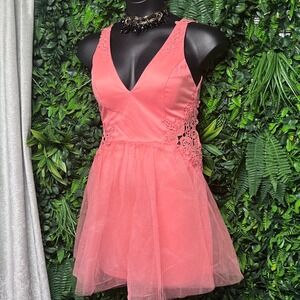 Entry Dress Large‎ Pink Peach Lace Trim Tulle Overlay Party Sleeveless Mini 2904